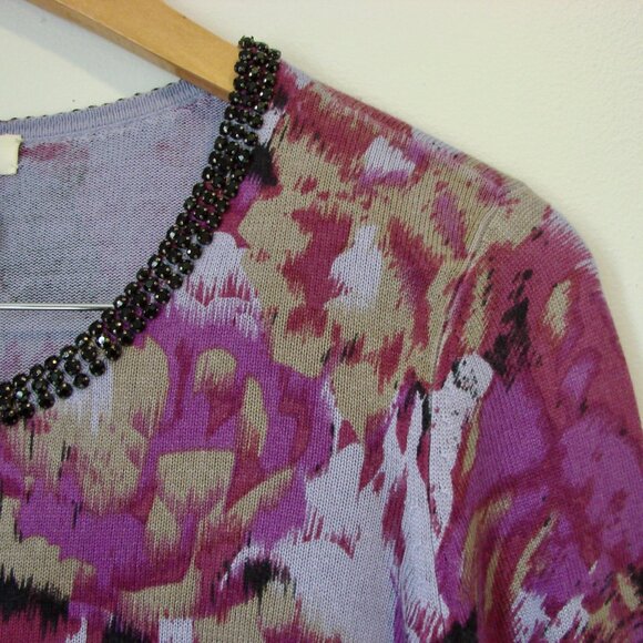 Cashmere Silk Sweater Cardigan Crewneck Preppy Purple Black Rhinestones Medium - Picture 4 of 13